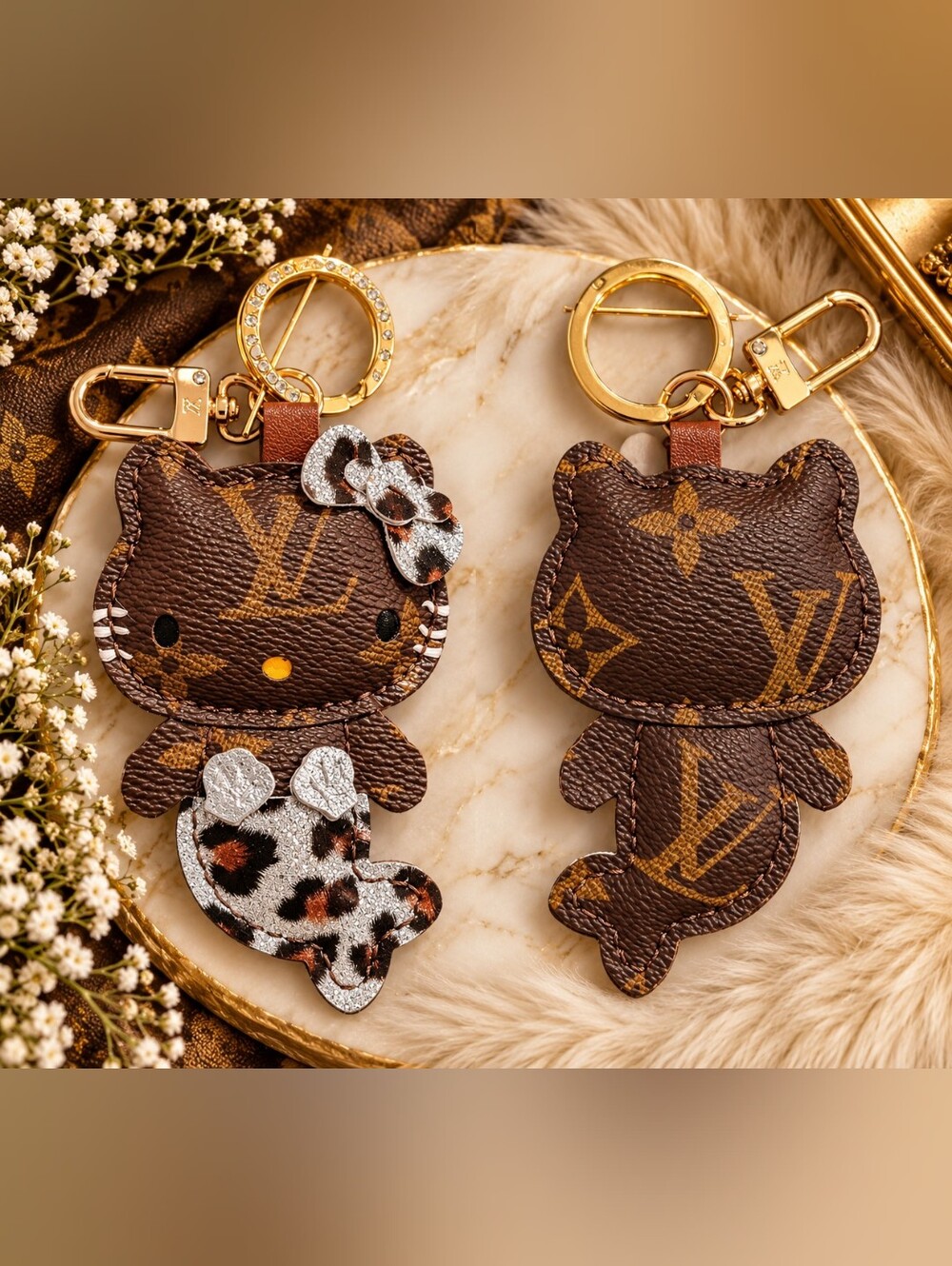 NEW Louis Vuitton Brown Monogram Hello Kitty Keychain Leopard